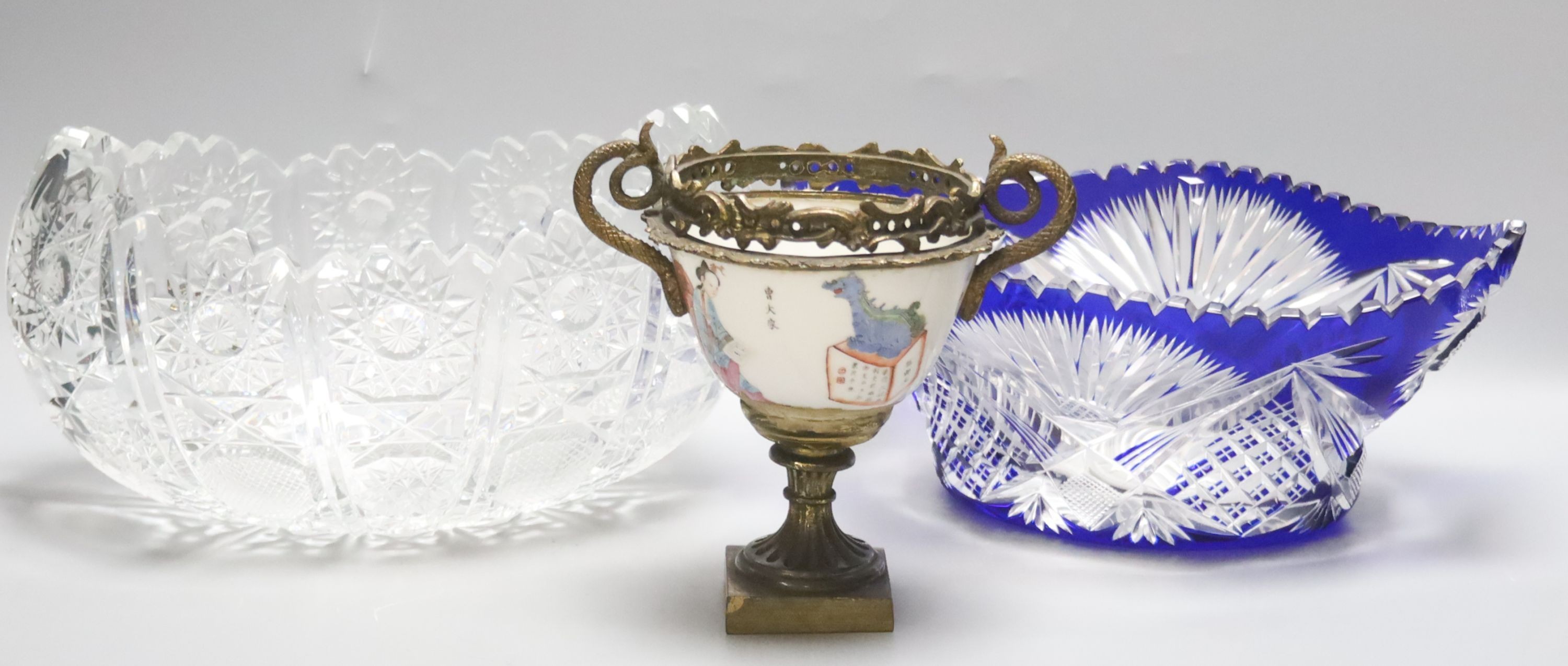Two cut glass bowls and a Chinese brass mounted cup, 16cm
